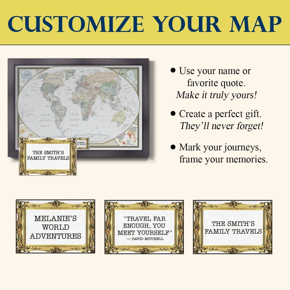 World Travel Map with Pins – Push Pin Map Wall Art – Track Journeys & Adventures – Framed Travel Gift for Couples, Families & Friends