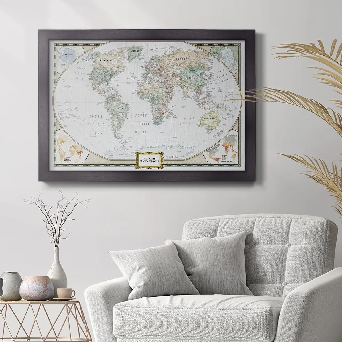 World Travel Map with Pins – Push Pin Map Wall Art – Track Journeys & Adventures – Framed Travel Gift for Couples, Families & Friends