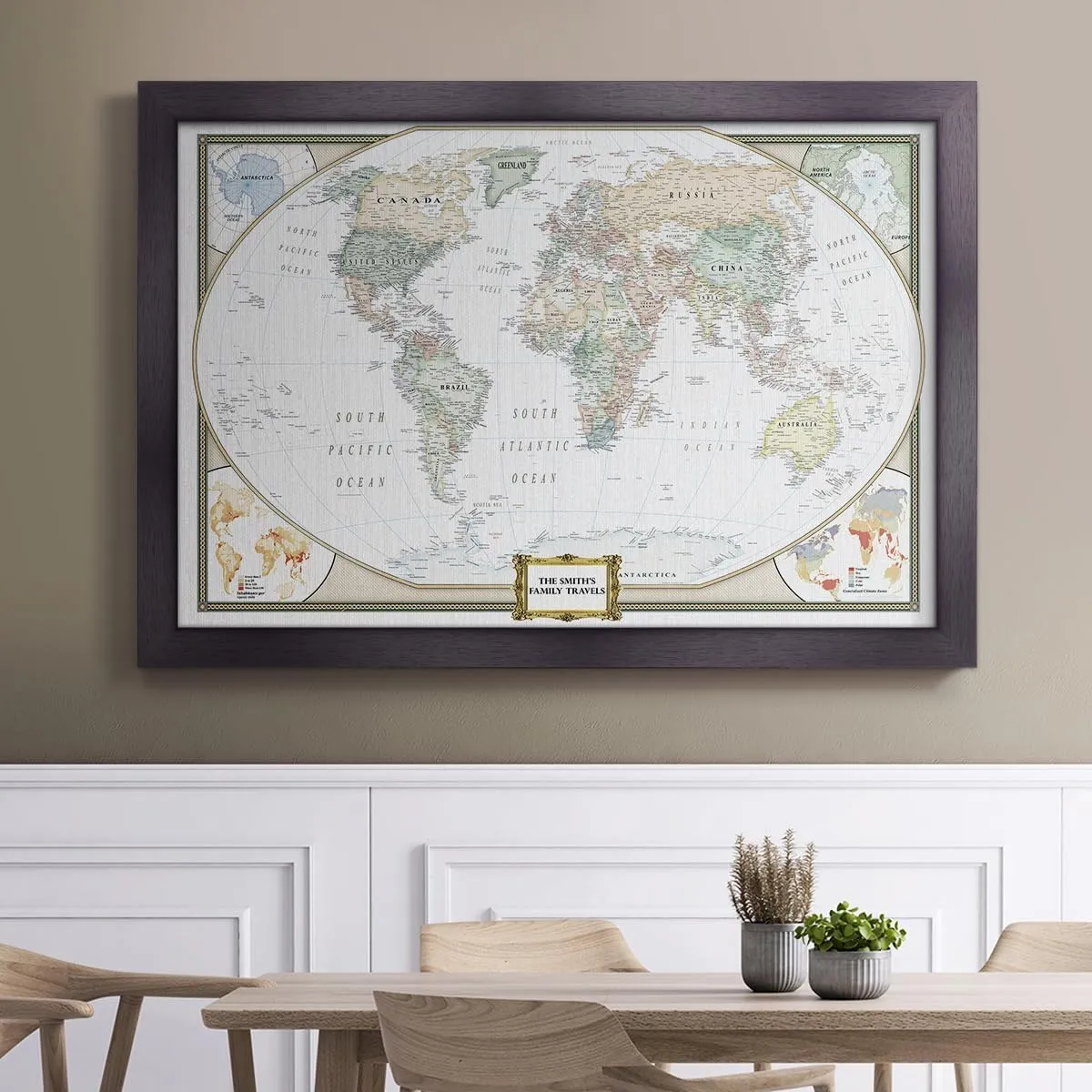 World Travel Map with Pins – Push Pin Map Wall Art – Track Journeys & Adventures – Framed Travel Gift for Couples, Families & Friends