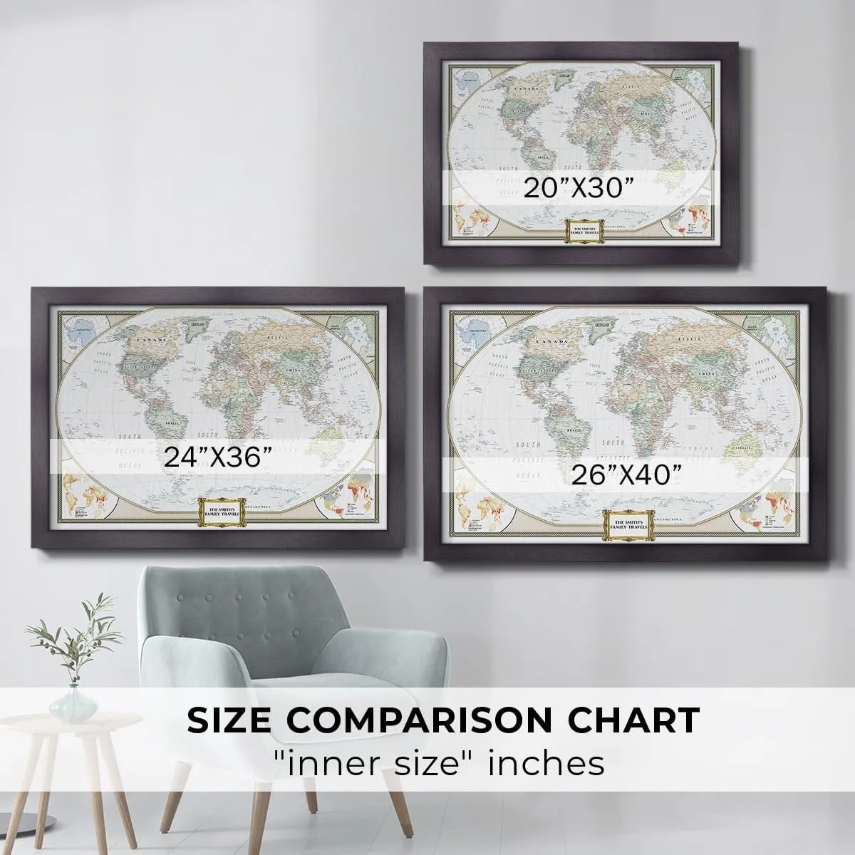 World Travel Map with Pins – Push Pin Map Wall Art – Track Journeys & Adventures – Framed Travel Gift for Couples, Families & Friends