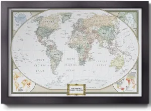 World Travel Map with Pins – Push Pin Map Wall Art – Track Journeys & Adventures – Framed Travel Gift for Couples, Families & Friends