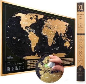 XL Scratch Off World Map with 196 Country Flags 36" x 24" Frameable World Map with Vibrant Colors and Premium Gold Coating, Beautiful Scratch Map for Travelers, Black