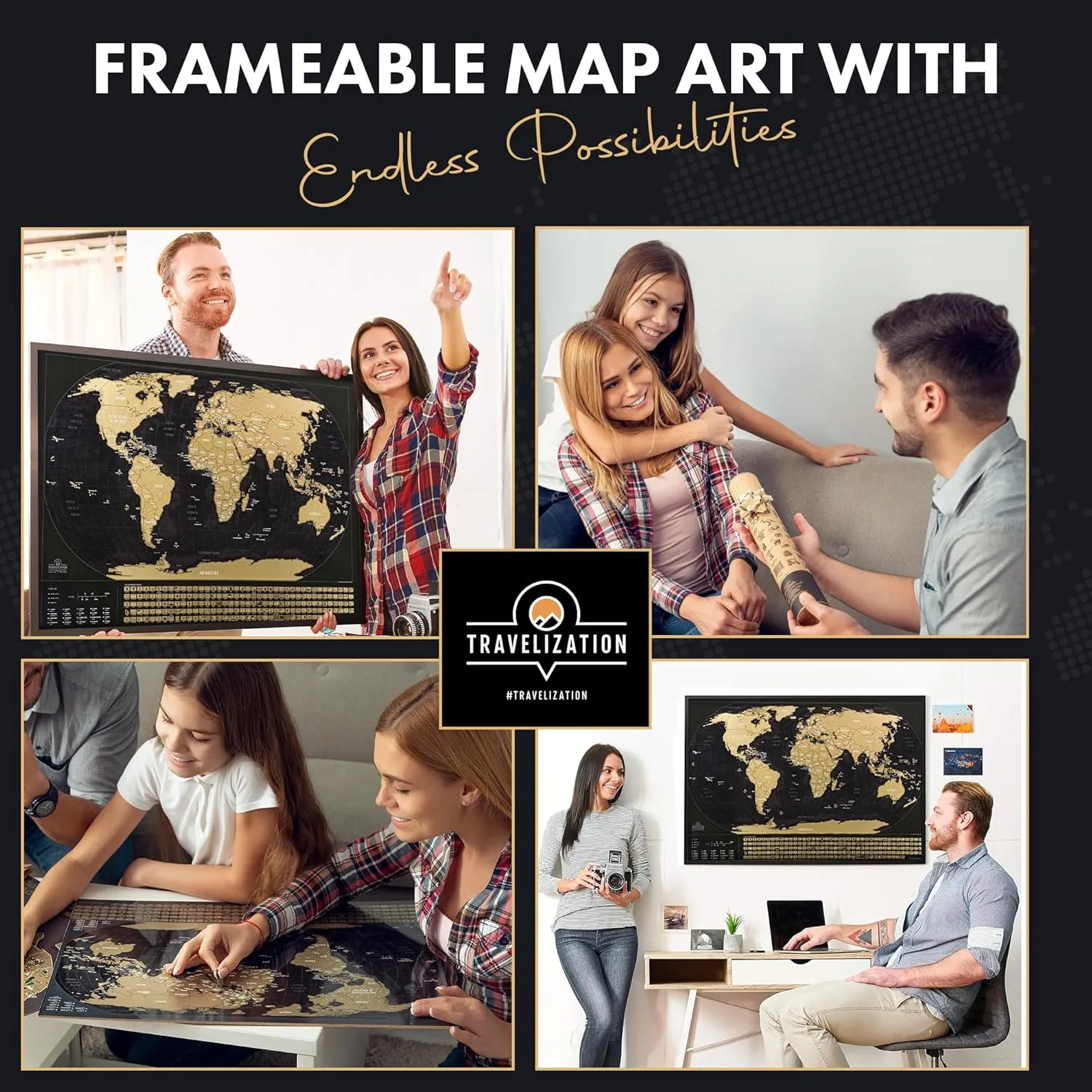 XL Scratch Off World Map with 196 Country Flags 36" x 24" Frameable World Map with Vibrant Colors and Premium Gold Coating, Beautiful Scratch Map for Travelers, Black