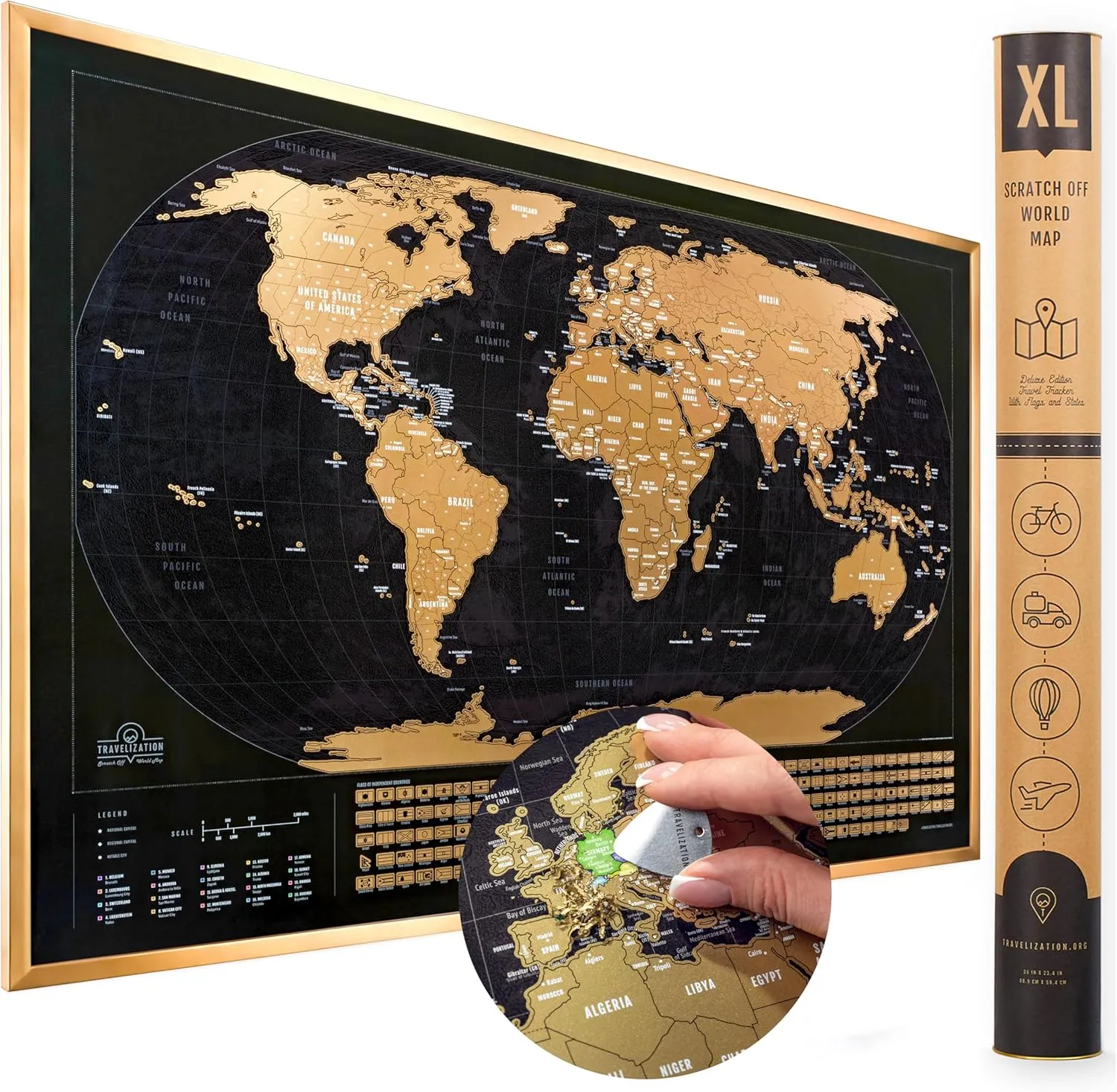 XL Scratch Off World Map with 196 Country Flags 36" x 24" Frameable World Map with Vibrant Colors and Premium Gold Coating, Beautiful Scratch Map for Travelers, Black
