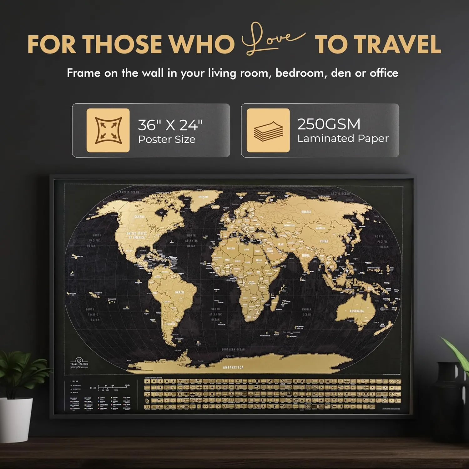 XL Scratch Off World Map with 196 Country Flags 36" x 24" Frameable World Map with Vibrant Colors and Premium Gold Coating, Beautiful Scratch Map for Travelers, Black