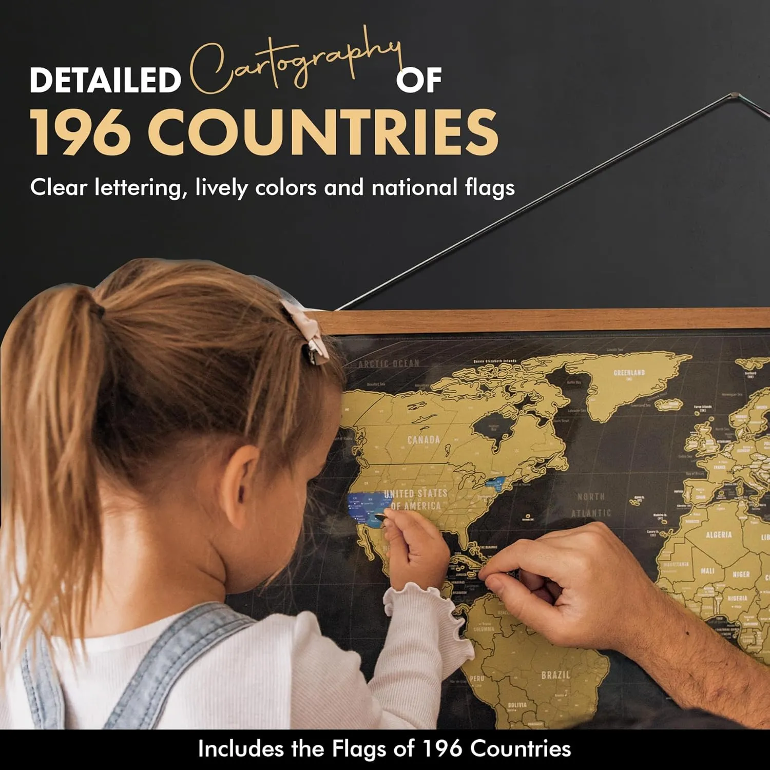 XL Scratch Off World Map with 196 Country Flags 36" x 24" Frameable World Map with Vibrant Colors and Premium Gold Coating, Beautiful Scratch Map for Travelers, Black