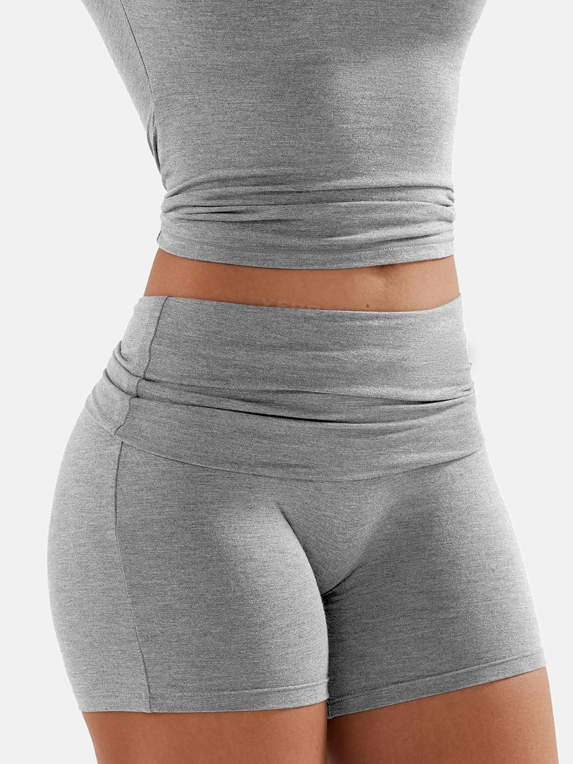 YEOREO Lounge Sets for Women 2 Piece Short Sleeve Square Neck Tops Casual Outfits Fold Over Shorts Workout Tracksuit