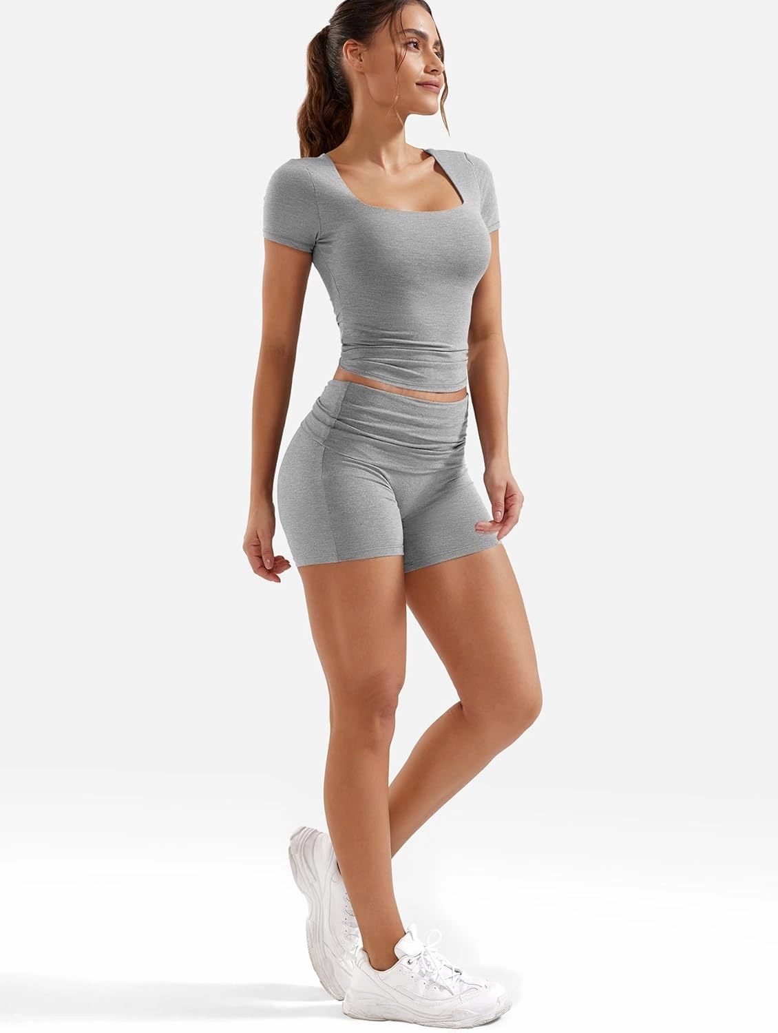 YEOREO Lounge Sets for Women 2 Piece Short Sleeve Square Neck Tops Casual Outfits Fold Over Shorts Workout Tracksuit