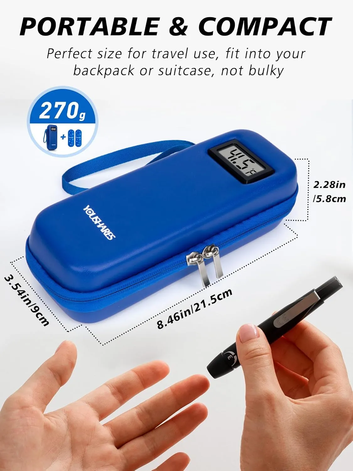 YOUSHARES Insulin Cooler Travel Case with Temperature Display - Refrigerated Medicine Travel Case with 2 TSA Approved Ice Pack, Insulin Travel Case Medication Cooler for Travel and Daily (Blue)