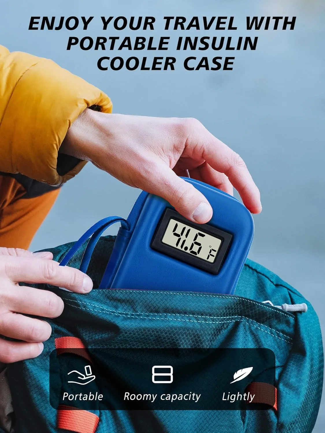 YOUSHARES Insulin Cooler Travel Case with Temperature Display - Refrigerated Medicine Travel Case with 2 TSA Approved Ice Pack, Insulin Travel Case Medication Cooler for Travel and Daily (Blue)