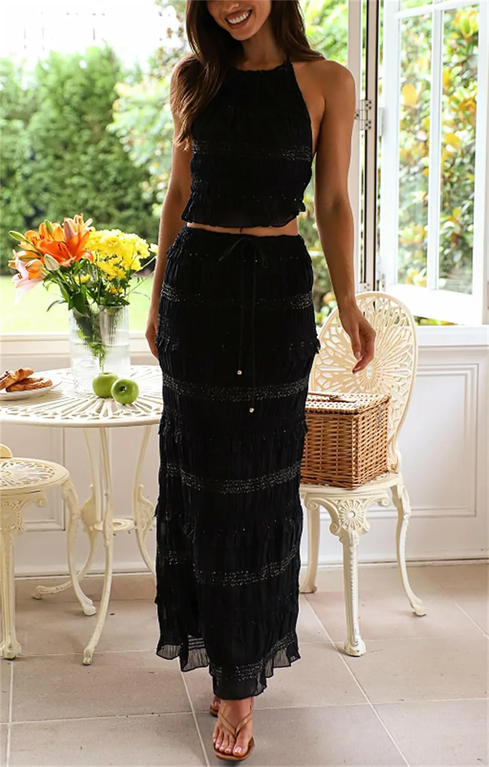 Yuemengxuan Women Y2k Ruffle Maxi Skirts Sets 2 Pieces Going Out Set Sleeveless Lace Trim Cami Top Flowy Ruffle Long Skirts