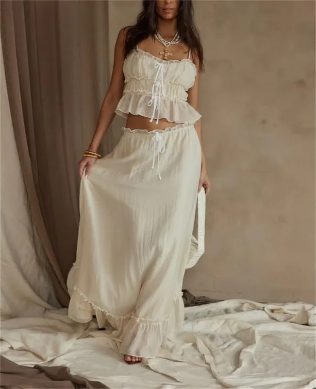 Yuemengxuan Women Y2k Ruffle Maxi Skirts Sets 2 Pieces Going Out Set Sleeveless Lace Trim Cami Top Flowy Ruffle Long Skirts