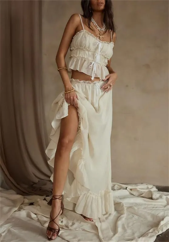 Yuemengxuan Women Y2k Ruffle Maxi Skirts Sets 2 Pieces Going Out Set Sleeveless Lace Trim Cami Top Flowy Ruffle Long Skirts