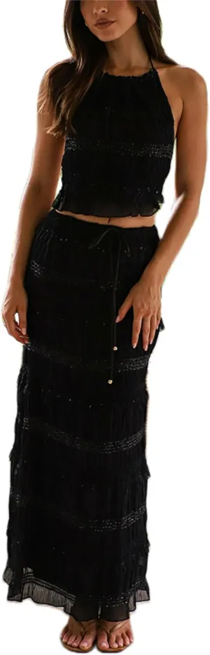 Yuemengxuan Women Y2k Ruffle Maxi Skirts Sets 2 Pieces Going Out Set Sleeveless Lace Trim Cami Top Flowy Ruffle Long Skirts