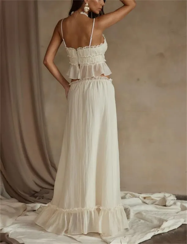 Yuemengxuan Women Y2k Ruffle Maxi Skirts Sets 2 Pieces Going Out Set Sleeveless Lace Trim Cami Top Flowy Ruffle Long Skirts