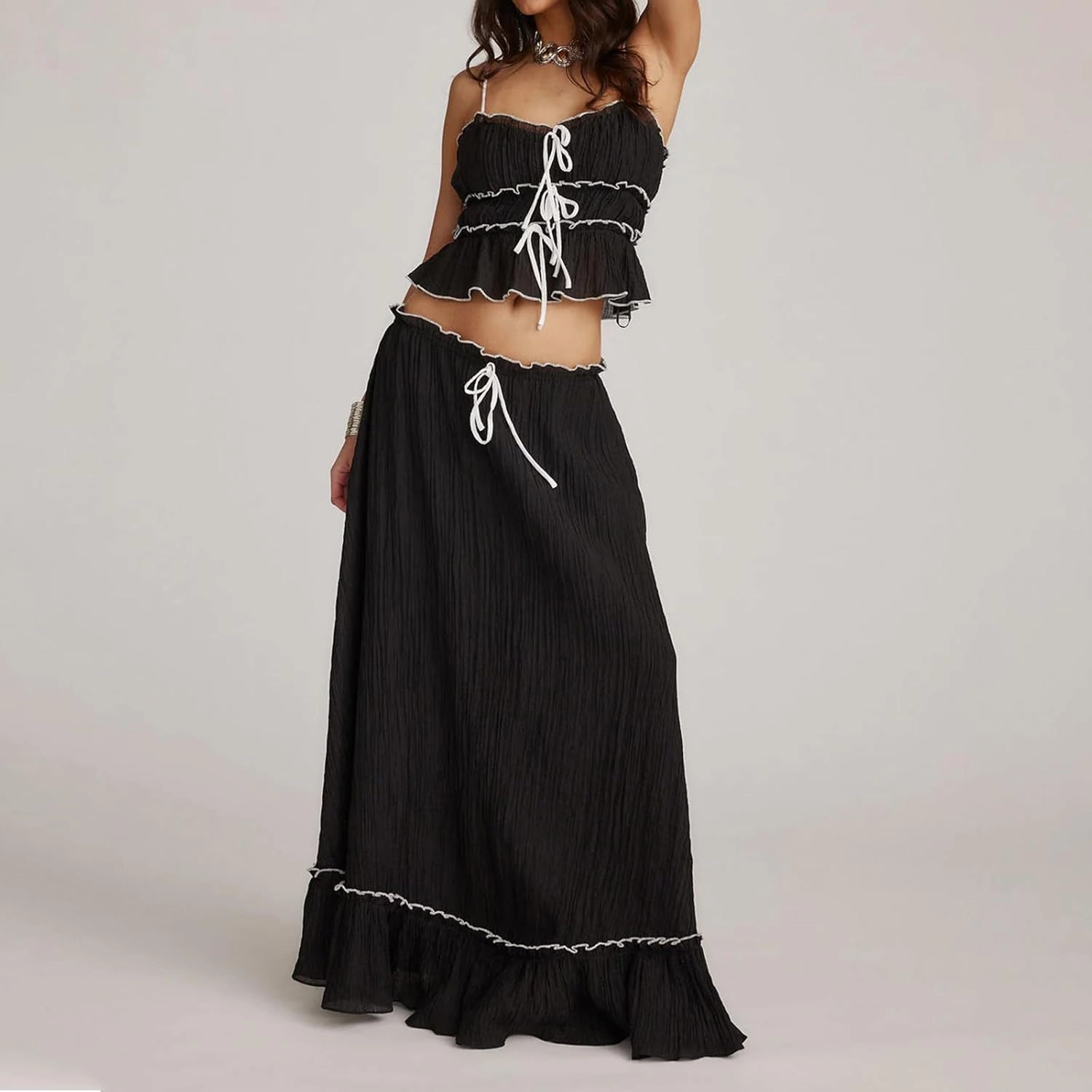 Yuemengxuan Women Y2k Ruffle Maxi Skirts Sets 2 Pieces Going Out Set Sleeveless Lace Trim Cami Top Flowy Ruffle Long Skirts