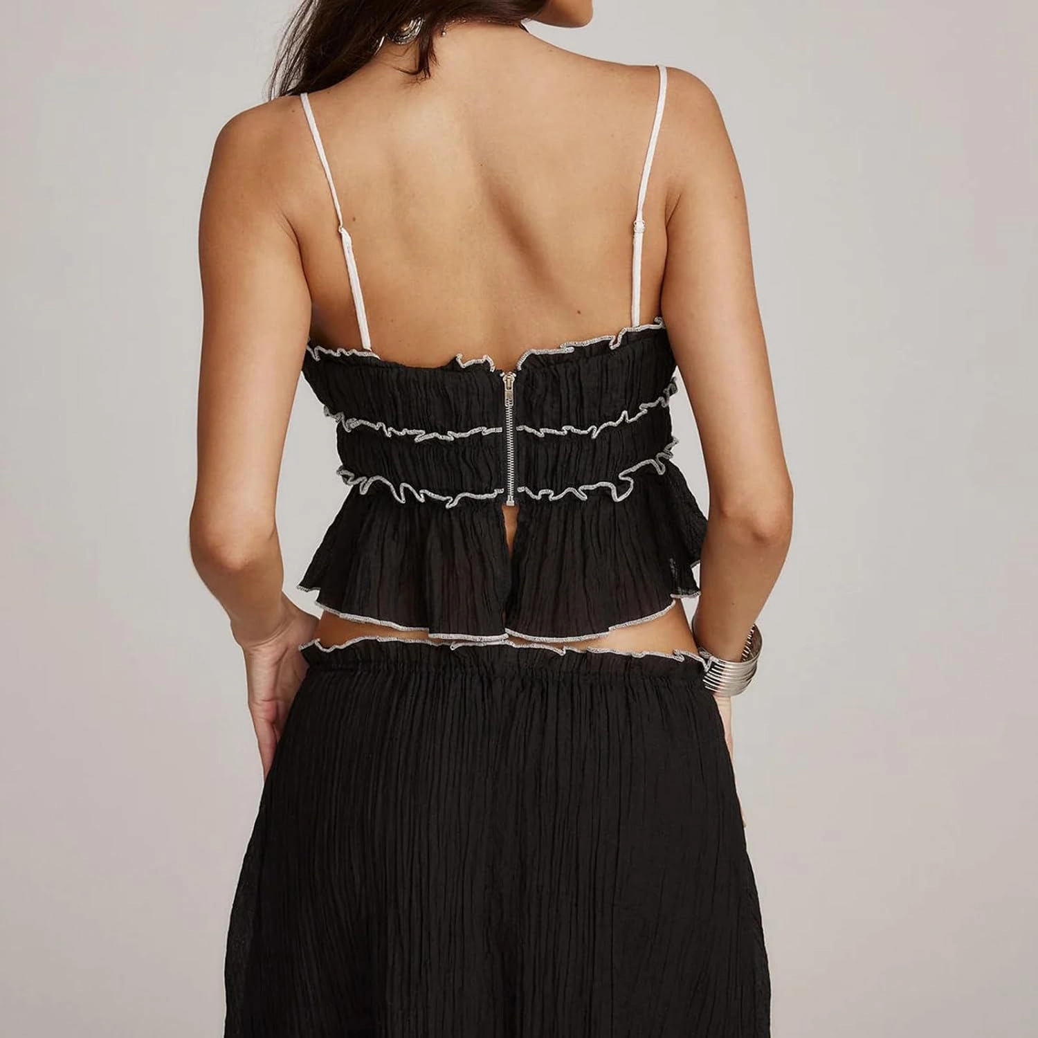Yuemengxuan Women Y2k Ruffle Maxi Skirts Sets 2 Pieces Going Out Set Sleeveless Lace Trim Cami Top Flowy Ruffle Long Skirts