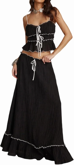 Yuemengxuan Women Y2k Ruffle Maxi Skirts Sets 2 Pieces Going Out Set Sleeveless Lace Trim Cami Top Flowy Ruffle Long Skirts