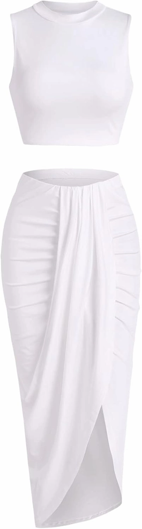 ZAFUL Women's Casual Sleeveless Summer Two Piece Outfits Crop Top and Side Split Draped Ruched Maxi Skirt Set Solid Suiting