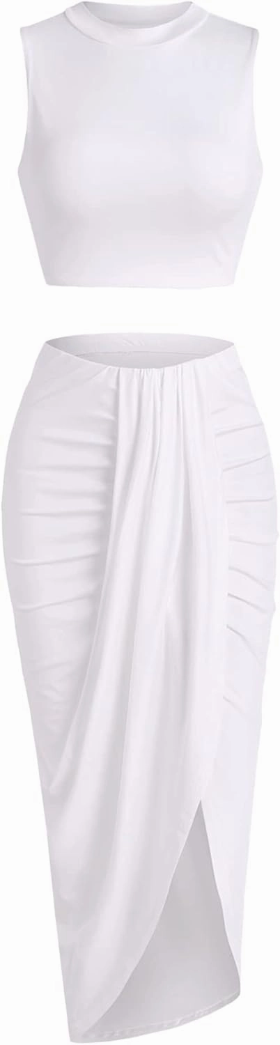 ZAFUL Women's Casual Sleeveless Summer Two Piece Outfits Crop Top and Side Split Draped Ruched Maxi Skirt Set Solid Suiting
