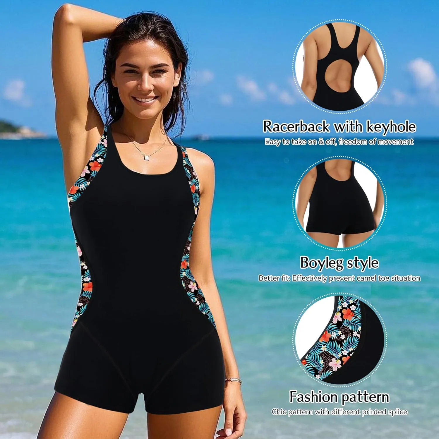 Zando One Piece Swimsuit Women Boyleg Swimsuits for Women One Piece Tummy Control Bathing Suit Sporty Boyshorts Swimwear