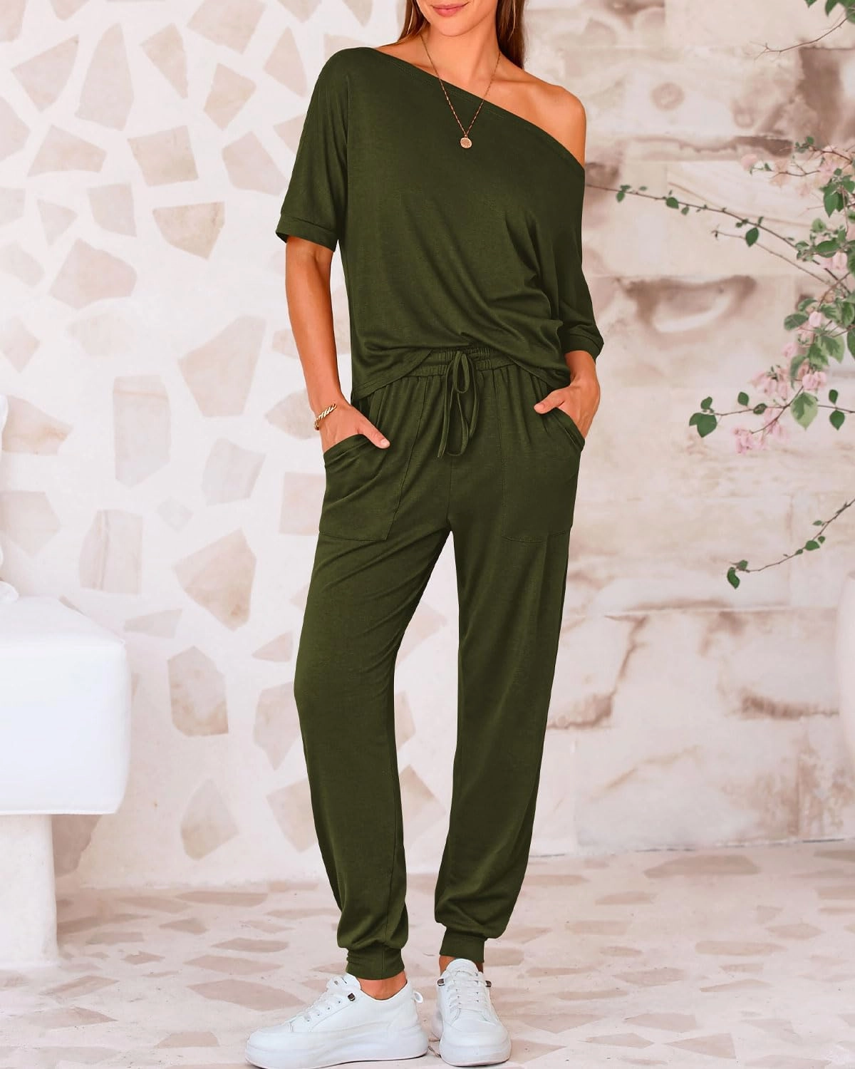 Zenlonr Women Summer 2 Piece Outfits 2025 Off Shoulder Short Sleeve Tops Elastic Waist Drawstring Long Pants Tracksuit