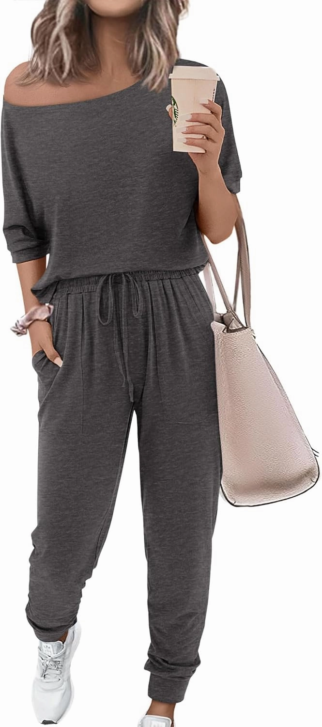 Zenlonr Women Summer 2 Piece Outfits 2025 Off Shoulder Short Sleeve Tops Elastic Waist Drawstring Long Pants Tracksuit
