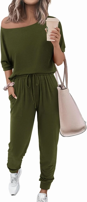 Zenlonr Women Summer 2 Piece Outfits 2025 Off Shoulder Short Sleeve Tops Elastic Waist Drawstring Long Pants Tracksuit