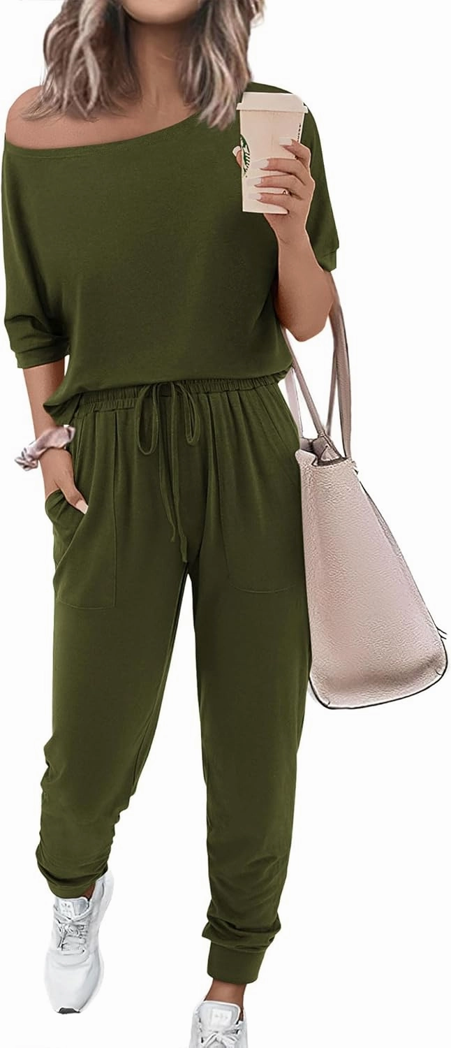 Zenlonr Women Summer 2 Piece Outfits 2025 Off Shoulder Short Sleeve Tops Elastic Waist Drawstring Long Pants Tracksuit
