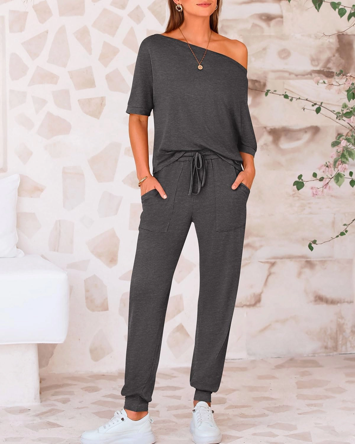 Zenlonr Women Summer 2 Piece Outfits 2025 Off Shoulder Short Sleeve Tops Elastic Waist Drawstring Long Pants Tracksuit