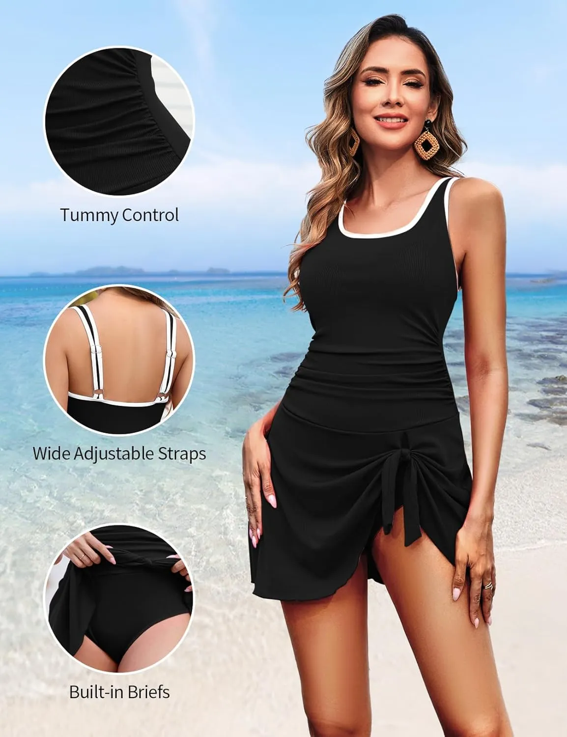 Zilcremo One Piece Swimdress Swimsuits for Women Tummy Control Swim Dresses Skirt Bathing Suit Color Block Ribbed Swimwear