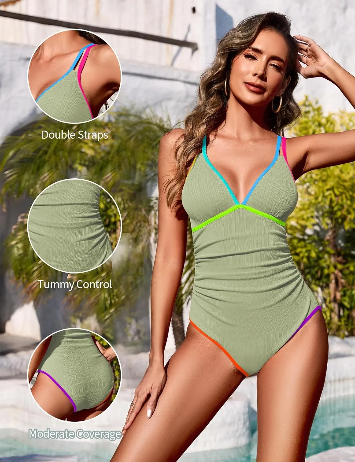 Zilcremo Women One Piece Swimsuit Tummy Control Slimming Bathing Suits Double Straps Color Block Ribbed Swim Suit Swimwear