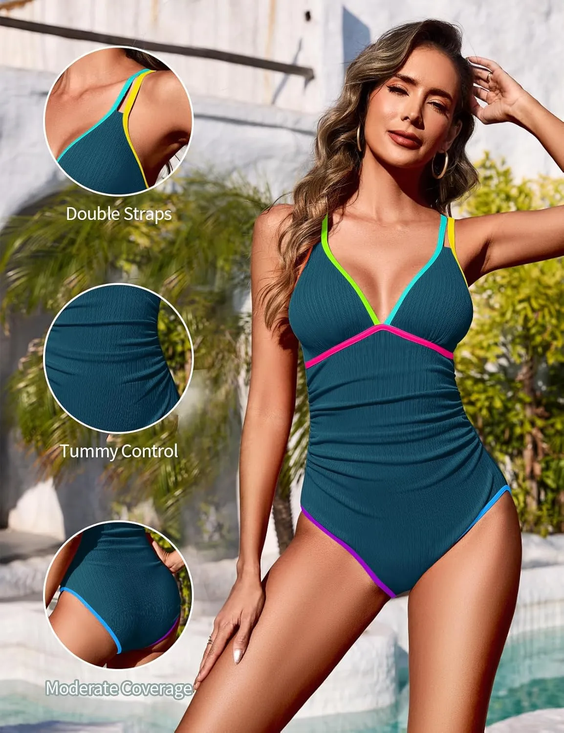 Zilcremo Women One Piece Swimsuit Tummy Control Slimming Bathing Suits Double Straps Color Block Ribbed Swim Suit Swimwear