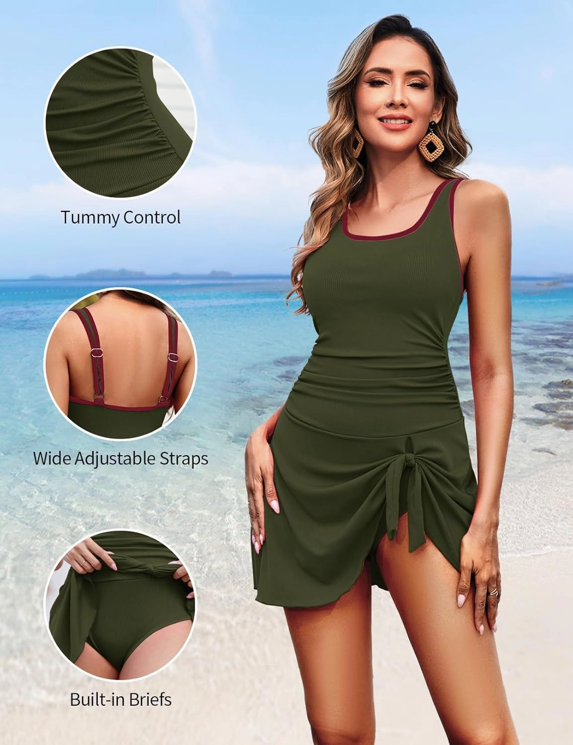 Zilcremo One Piece Swimdress Swimsuits for Women Tummy Control Swim Dresses Skirt Bathing Suit Color Block Ribbed Swimwear