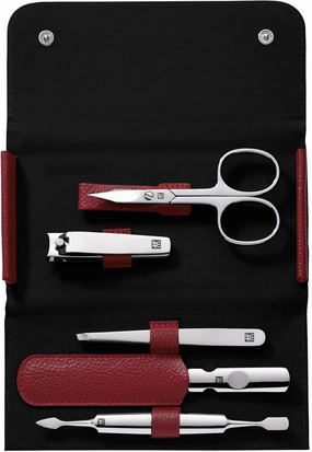 ZWILLING manicure set travel size 5-piece with nail clippers in 100% leather case, Red
